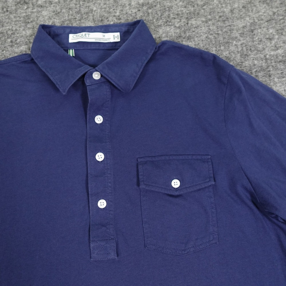 Criquet Polo Shirt Mens Medium Blue Solid Pocket‎ Button Placket Organic Cotton